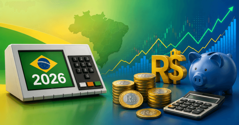 Ilustração representando eleições 2026 no Brasil e impacto nas finanças pessoais com urna eletrônica, moedas de real e gráficos de volatilidade econômica
