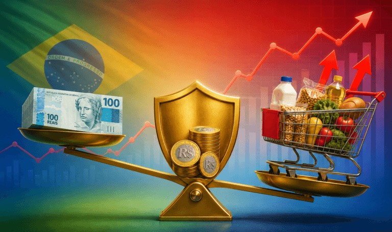 Balança ilustrando inflação no Brasil com notas de R$ 100, escudo dourado protegendo moedas de real e carrinho de compras com alimentos, representando proteção financeira contra alta de preços e perda de poder de compra