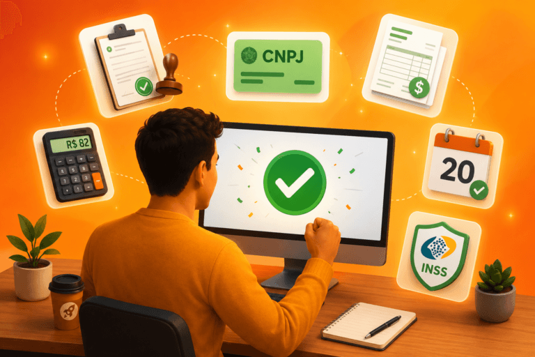 Ilustração representando abertura de MEI em 2026 com computador exibindo CNPJ aprovado, documentos, nota fiscal e ícones de formalização empresarial