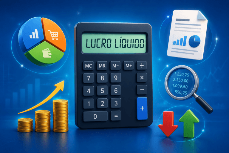 Ilustração sobre DRE (Demonstração do Resultado do Exercício) com calculadora, gráficos de receitas e despesas, moedas e relatório representando lucro líquido