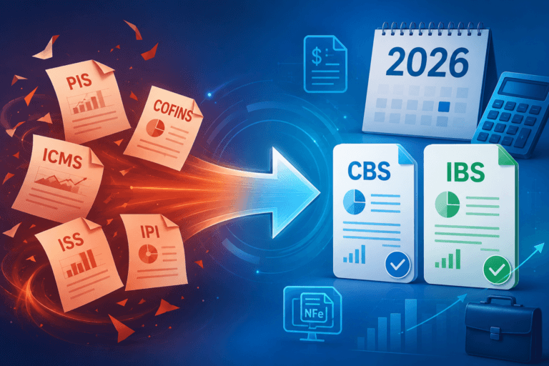 Ilustração sobre Reforma Tributária 2026 mostrando substituição de 5 impostos antigos (PIS, Cofins, ICMS, ISS, IPI) por 2 novos (CBS e IBS) com seta de transformação