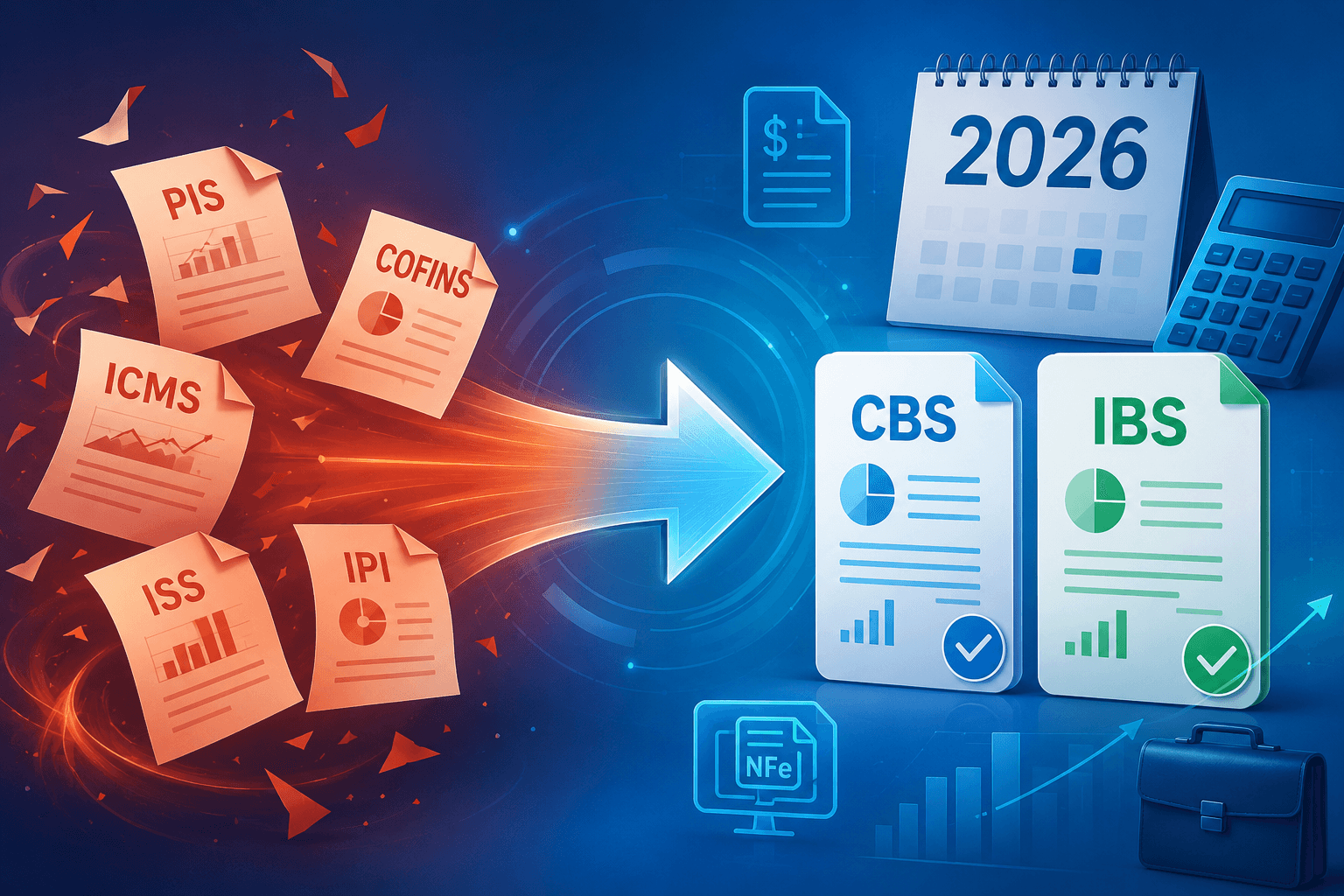 Ilustração sobre Reforma Tributária 2026 mostrando substituição de 5 impostos antigos (PIS, Cofins, ICMS, ISS, IPI) por 2 novos (CBS e IBS) com seta de transformação